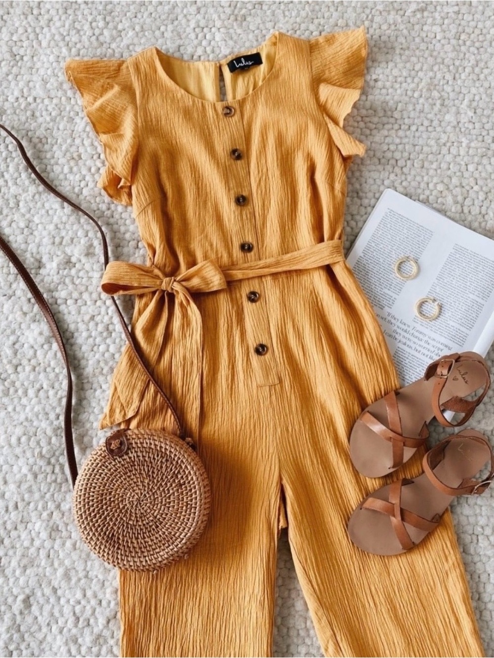 NWT Lulus Golden Yellow Cotton Button Front Flutter Sleeve Jumpsuit XS Fits S - Picture 2 of 10